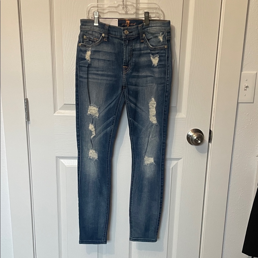 7 For All Mankind Distressed Skinny Jeans - Blue